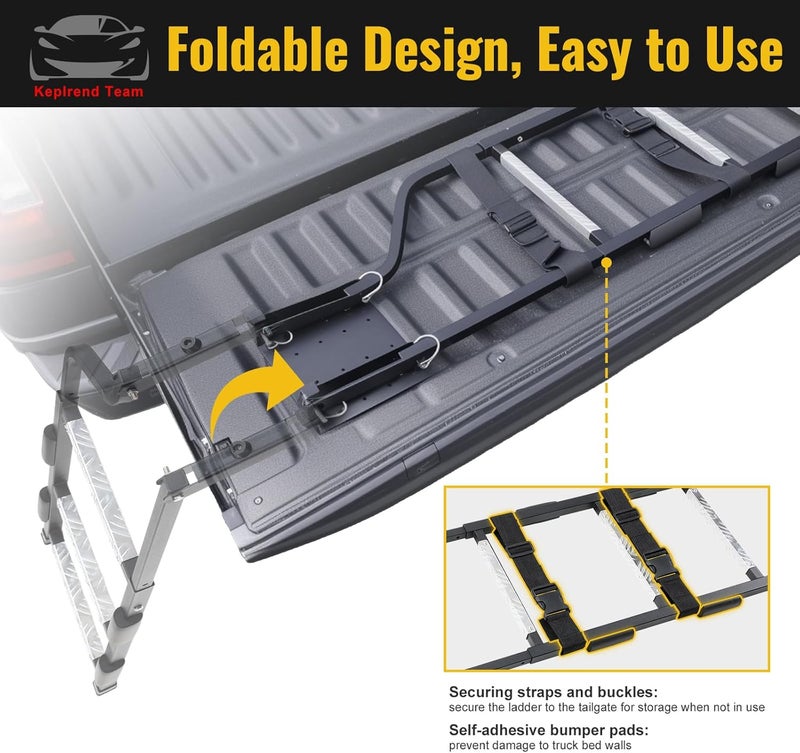 Keplrend Tailgate Ladder Universal Fit, Easy Access Truck Bed Steps for Pickup Trucks Anti-Slip, Stainless Steel Self Drilling Screws & Driving Safety Straps and Bump Pads, for Ford, Silverado, Ram, GMC Sierra - Image 5